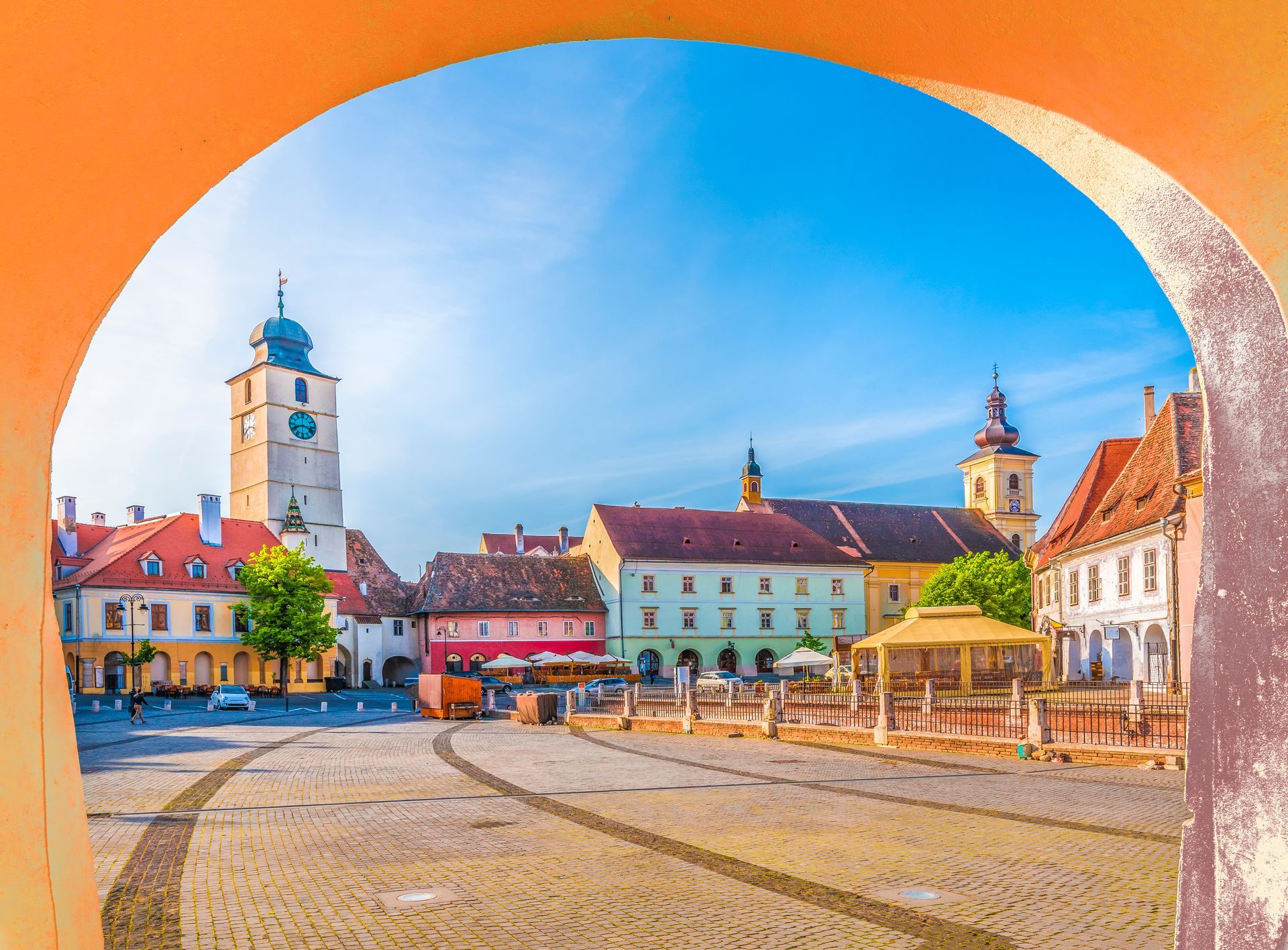 Historical center of Sibiu town at sunset time, Transylvania, Romania.